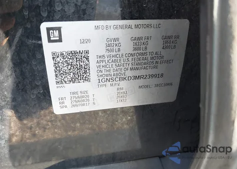 2021 Chevrolet Suburban 2Wd Ls z USA, uszkodzony, nr VIN 1GNSCBKD3MR239918